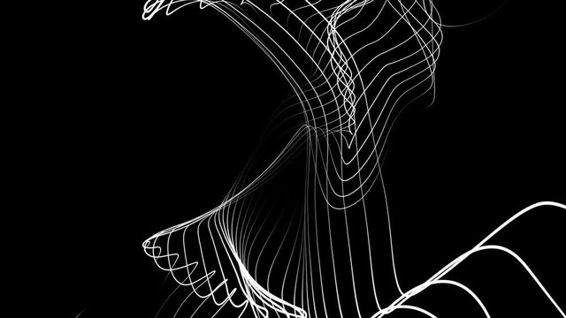 Abstract loopable motion white waving lines texture at black background. Cyber technology digital landscape background