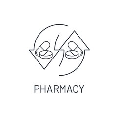 Arrows updates, replacements and pharmacy. New medications, treatment. Vector linear icon isolated on white background.