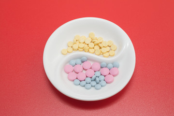Pills on a plate, treatment of coronavirus COVID-19