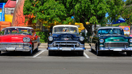 Havana Cuba Colorful group of old classic american cars in downtown, an iconic sight.