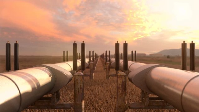 Sunny scene with 2 gas pipelines which through liquefied natural gas flows. Pipelines very long and was construction far away from cities. Pipe line are laid above land on the high supports.