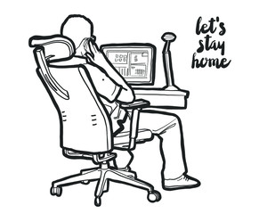 illustration poster sketch on the topic of self-isolation in quarantine. remote work, home office for business. stay at home