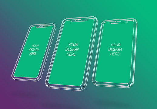 3 Wireframe Smartphones Screen Mockups with Transparent Background