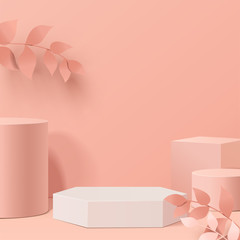 minimal scene with geometrical forms. Cylinder podiums in cream background with leaves. Scene to show cosmetic product, Showcase, shopfront, display case. 3d vector illustration.