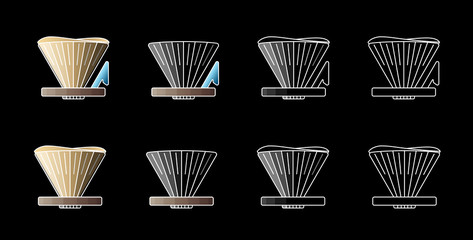 Pour over alternative coffee maker. V coffee cone vector illustration on black background.