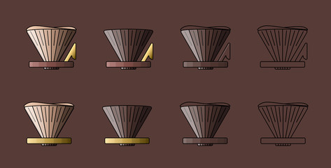 Pour over alternative coffee maker. V coffee cone vector illustration on brown background.