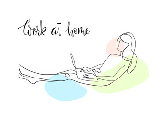 Line art. The girl works at home because of quarantine. Hand drawn sketch. Girl sitting in a chair with a laptop. Freelancer works from home. The danger of coronavirus. Everyone should stay home