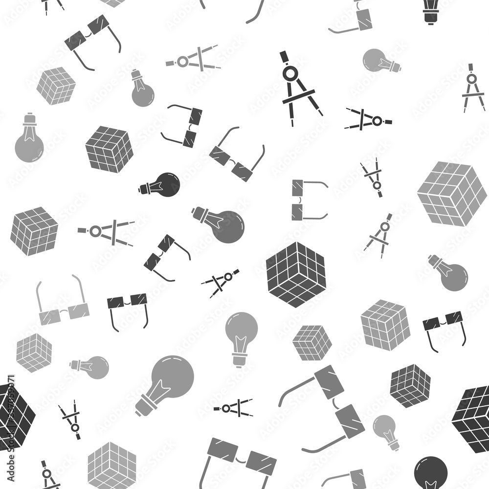 Poster set drawing compass, glasses, rubik cube and light bulb with concept of idea on seamless pattern. ve