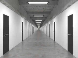 An endlessly long corridor with many closed identical doors in a row. The corridor without beginning and end. Interior in loft style. Creative concept. 3D rendering illustration.