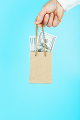 A small paper bag in hand with US dollars on a blue background. Layout of the packaging template...