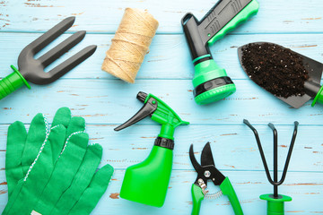 Fototapeta na wymiar Gardening tools on blue wooden background, top view