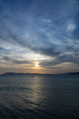 Sunset sea ship horizon landscape. sea-shore under quarantine with no people. COVID-19. waves Beautiful dawn sunrise at sea. Seascape