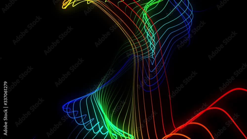 Poster Abstract loopable motion multicolored waving lines texture at black background.