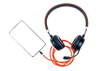 Head set connecting to mobile phone isolate on white background for work with mobile phone concept.