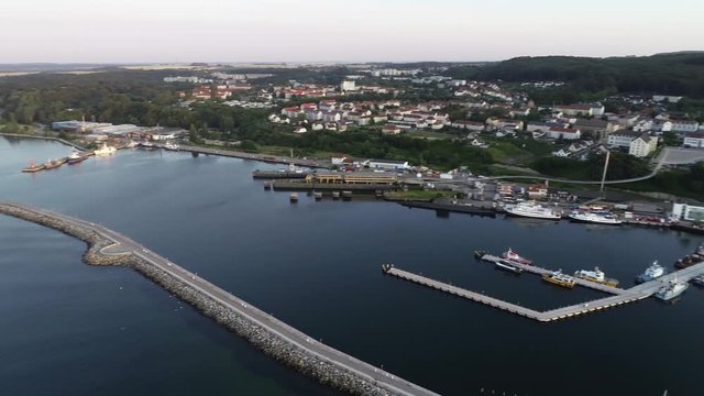 Sassnitz - city, resort and harbor on the Baltic Sea on the island of R&uuml;gen aerial view of the harbor at sunrise
