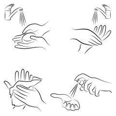 Hygiene procedure collection. Wash hands with soap under the tap, wipe with a napkin, antiseptic treatment. Vector illustration of a set