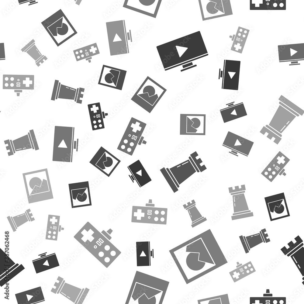 Poster set online play video, photo frames, chess symbol and gamepad on seamless pattern. vector
