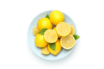 Plate with fresh lemons isolated on white background
