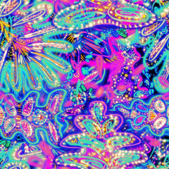 Bright glowing ornament. Tropical neon leaves are chaotically located. Ultraviolet curls and paisley. Dynamic petals in the wild. Ideal for printing on fabrics and paper, T-shirts, dresses.Neon tropic