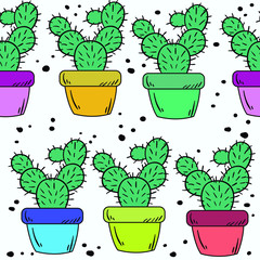 Seamless vector pattern with cactus in pot on white background. Good for printing. Wallpaper, fabric and textile design. Cute wrapping paper pattern with plant.