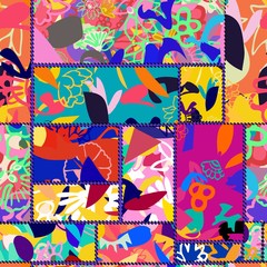 Abstract collage asymmetric pattern.  Vector patchwork quilt background. Decorative elements, brush strokes ornament for flyer, poster, cover, textile fabric print