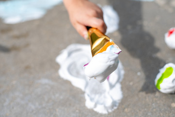 Toddler art project, playing outside with food coloring and shaving foam , fun activity for learning in early childhood	