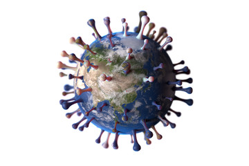 Earth concept as coronavirus Sars CoV 2 on white background. 3D Render. Showing Asia