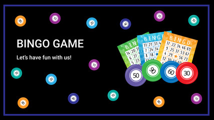 Dark elegant bingo banner with tickets and balls on the black background. Usable for website, social media, advertising. 2160*3840 px vector illustration