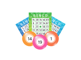 Bingo tickets with realistic balls on the white background. Usable for banner, poster, wallpaper, website, cover, social media. Vector illustration