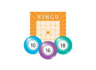 Orange bingo ticket with purple, blue and green balls on the white background. Isolated composition for banner, poster, wallpaper, website, cover. Vector illustration