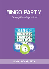 Bingo party poster with lotto ticket and balls on the purple background. Usable for flyers, banners, social media, advertising. Scaled A4 vector illustration