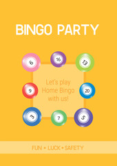 Home bingo poster with balls on the orange background. Usable for flyers, banners, social media, advertising. Scaled A4 standard size. Vector illustration
