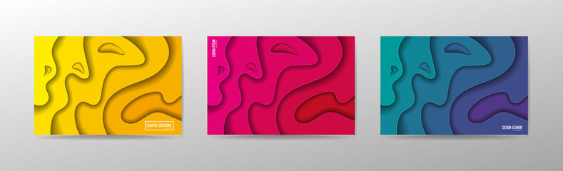 Set of 3 backgrounds with colorful paper cut shapes. 3D abstract paper art style, design layout for business presentation. Cover layout design template.