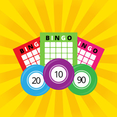 Lotto poster with bingo tickets and balls on the yellow glowing background. Usable for website, cover, social media, advertising. Vector illustration