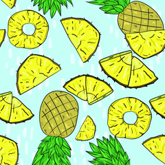 Seamless vector pattern with pineapple and slices on blue background. Wallpaper, fabric and textile design. Good for printing. Cute wrapping paper pattern with fruits.