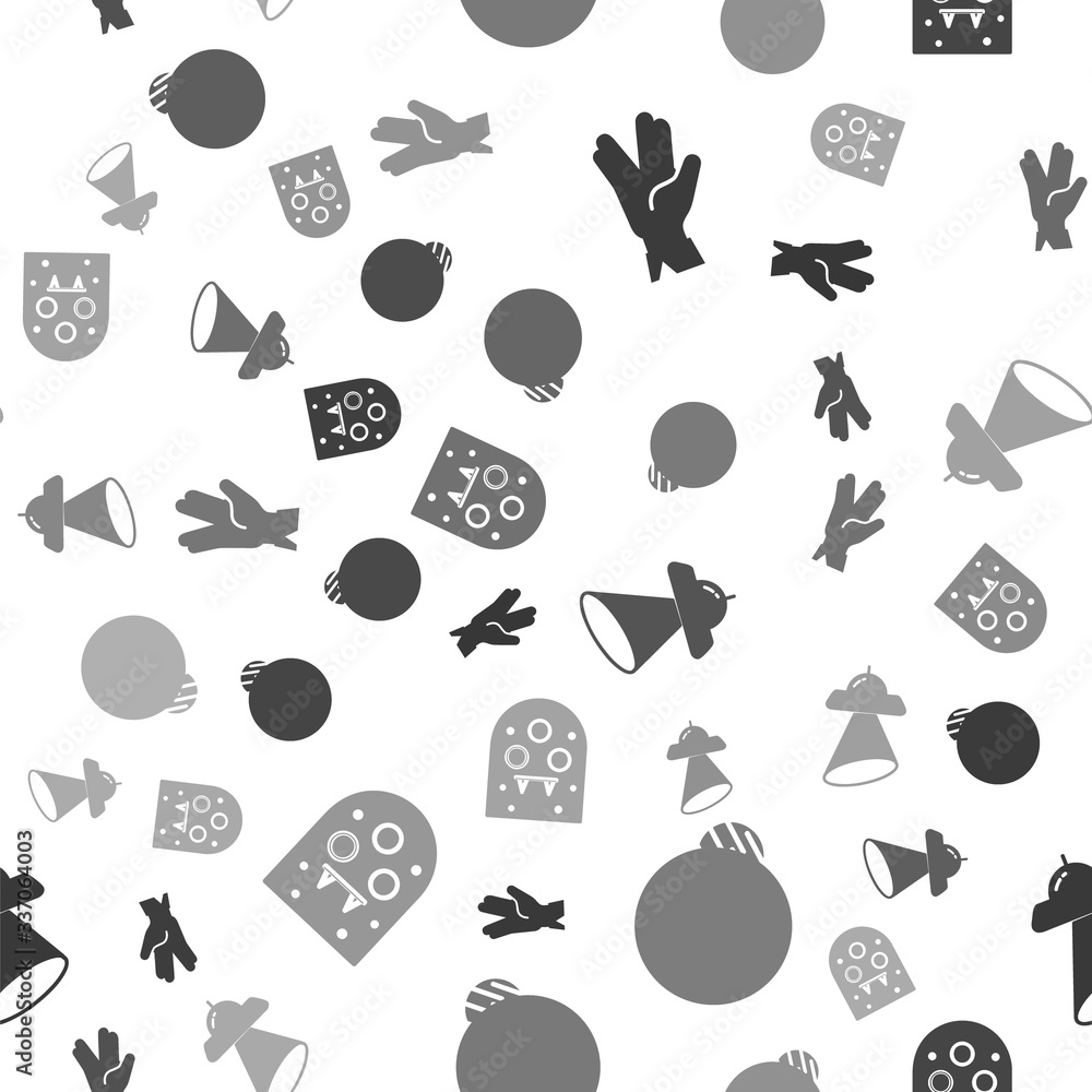 Poster set vulcan salute, planet, ufo flying spaceship and alien on seamless pattern. vector