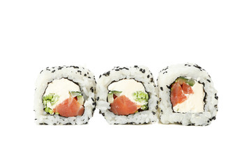 Japanese food. Delicious sushi rolls isolated on white background