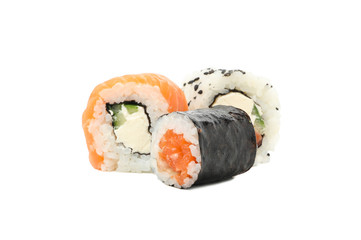 Japanese food. Delicious sushi rolls isolated on white background