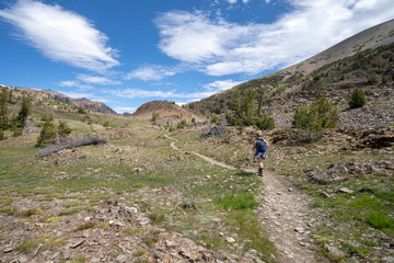 Fototapeta na wymiar Woman hiker walks along the dirt trail in the 20 Lakes Basin hike in California Eastern Sierra Nevada mountains in the summer. Concept for explore, exploring
