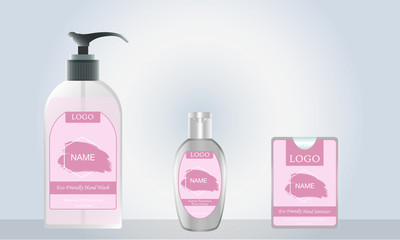 liquid soap and pocket hand sanitizer with label design ready for mock up. vector illustration