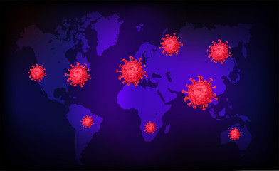 carte ou bandeau d'une carte du monde en bleu qui se fait attaqué par un virus en rouge sur un fond en dégradé bleu à noir