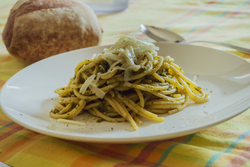 italian pasta pesto spaghetti with cheese