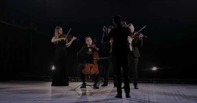 Back view of male conductor controlling band. Quartet of classical male and female musicians performing their music on dark stage in spotlight. Orchestra playing on violins and cello. Rear.