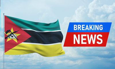 Breaking news. World news with backgorund waving national flag of Mozambique. 3D illustration.