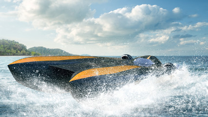 Super boat speed racing. Render 3d. Illustration.