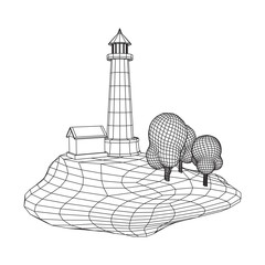 Lighthouse on rock stones island landscape. Navigation Beacon building. Wireframe low poly mesh vector illustration.