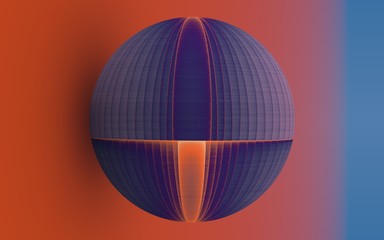 rendu 3D d'une sphère bleue et orange posée contre un plan orange se confondant avec le lointain bleuté et faisant parie d'une série