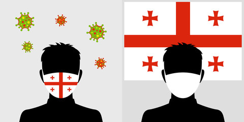 Man in protective face mask with georgia flag and virus icon