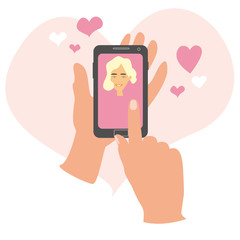Hand holding smartphone with girlfriend on screen. Video call with loved one. Finger touch screen. Video call concept. Flat cartoon illustration for web sites and banners design. Love concept. 