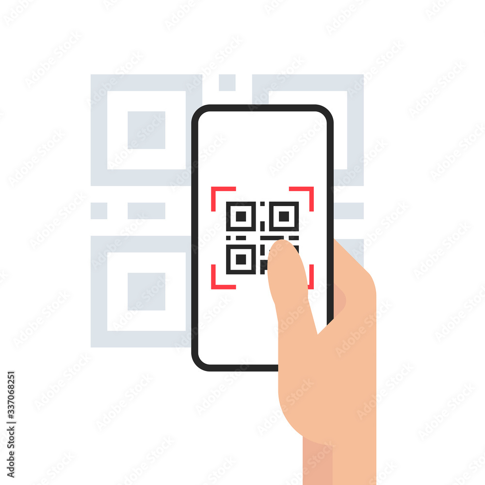 Poster qr code mobile phone scan on screen. in hand on white background. flat style